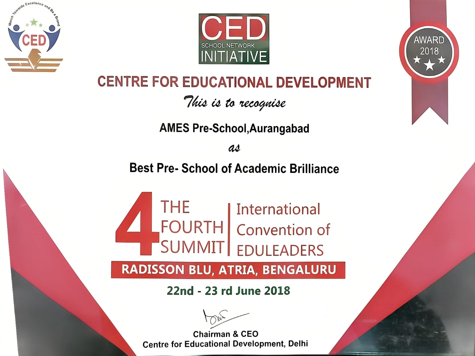 Best Pre-School of Academic Brilliance Certificate